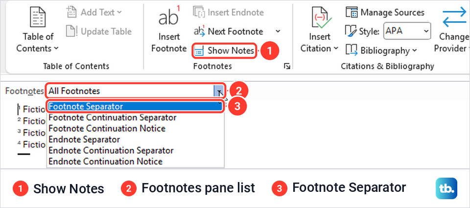 Word Show Notes button and the Footnotes pane list with Footnote Separator highlighted.