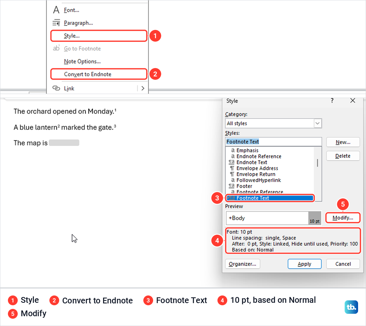 Word right-click menu on a footnote with Style, and the Style dialog showing Footnote Text.