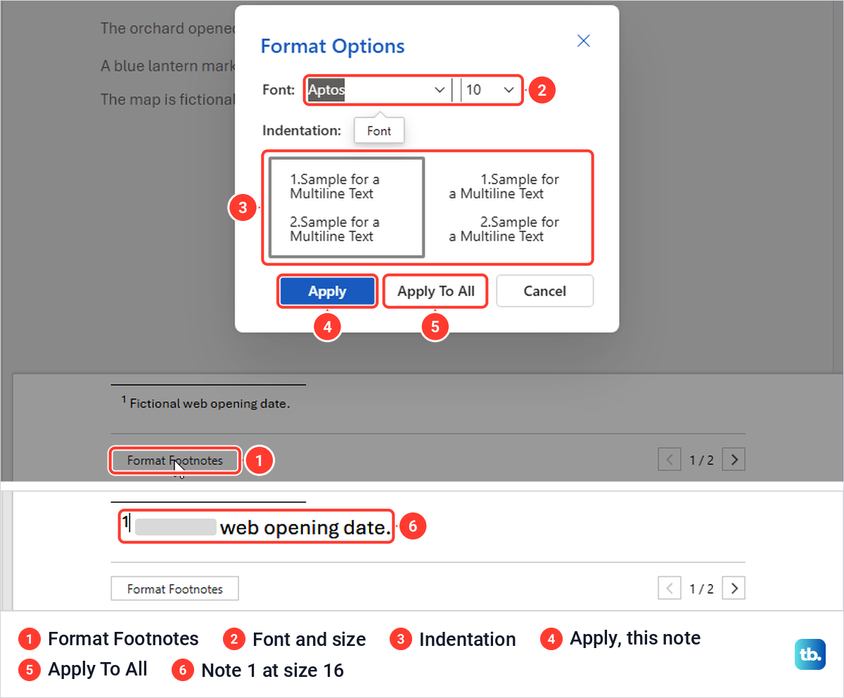 Word for the web Format Options dialog for footnotes with font, size, indentation and Apply buttons.