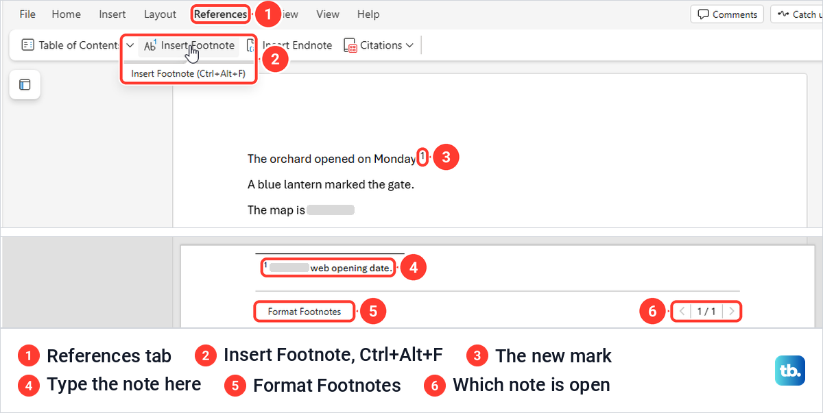 Word for the web References tab with Insert Footnote and the footnote panel at the bottom.