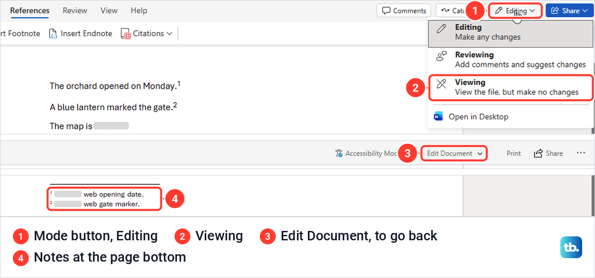 Word for the web mode menu open with Editing selected and Viewing outlined, then footnotes at the page bottom in Viewing.