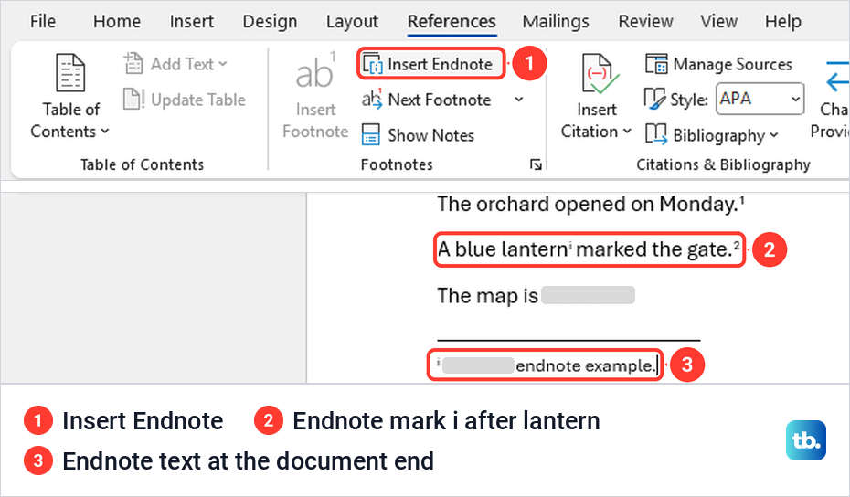 Word References tab with Insert Endnote, and an endnote mark i with its text after the last line.