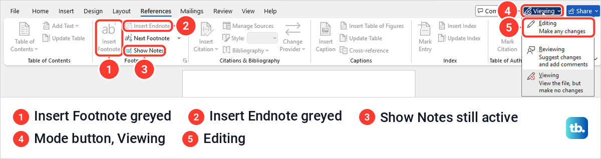 Word References tab with Insert Footnote greyed out and the Viewing mode menu open.