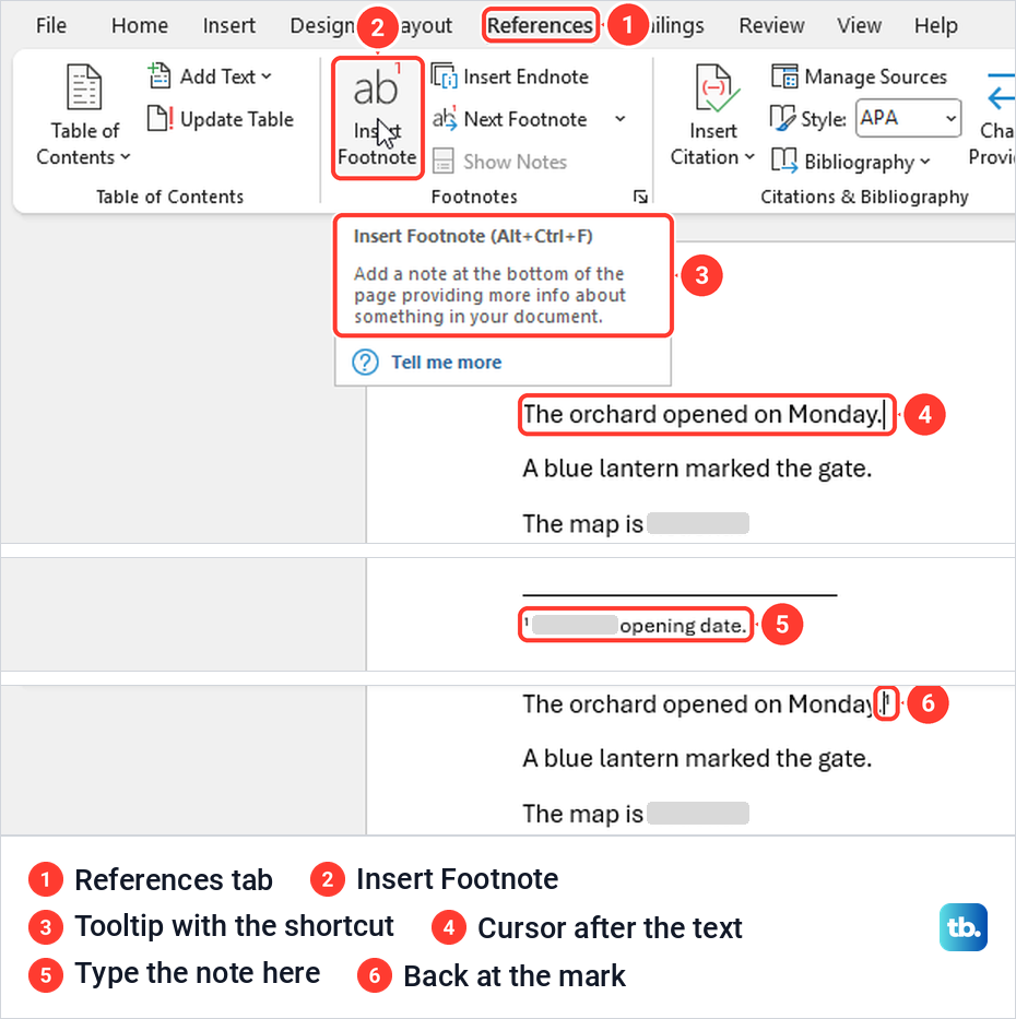 Word References tab with Insert Footnote, its tooltip, and a typed footnote at the page bottom.