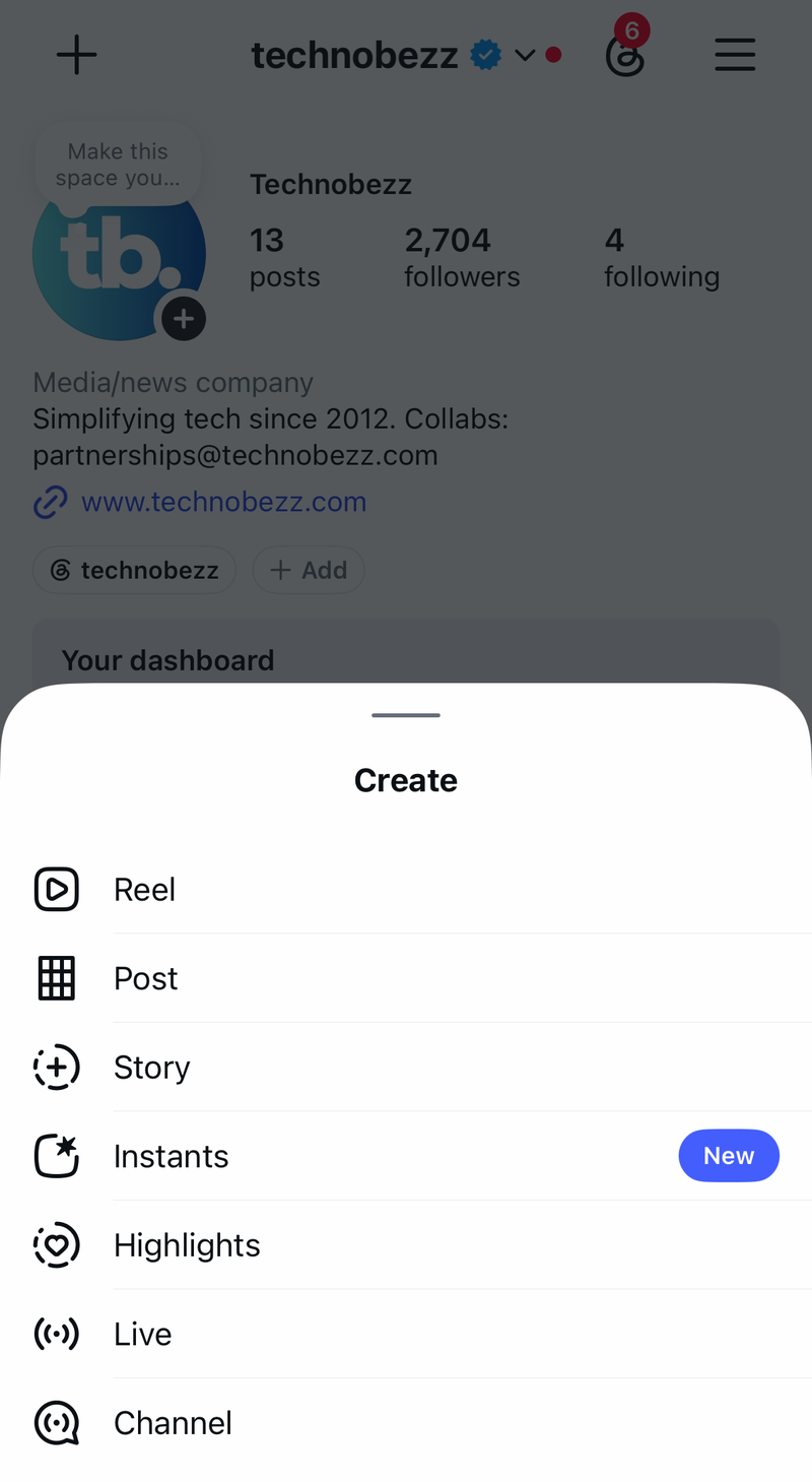 Instagram Create menu with Reel, Post, Story, Instants, Highlights, Live and Channel