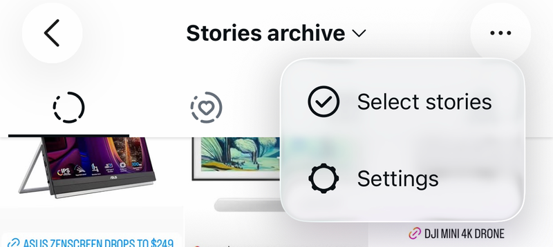 Instagram Stories archive with its menu open showing Select stories and Settings