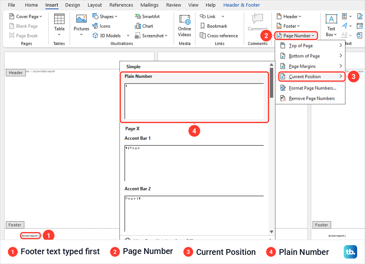 Word Current Position gallery with Plain Number, next to footer text reading Acme report.