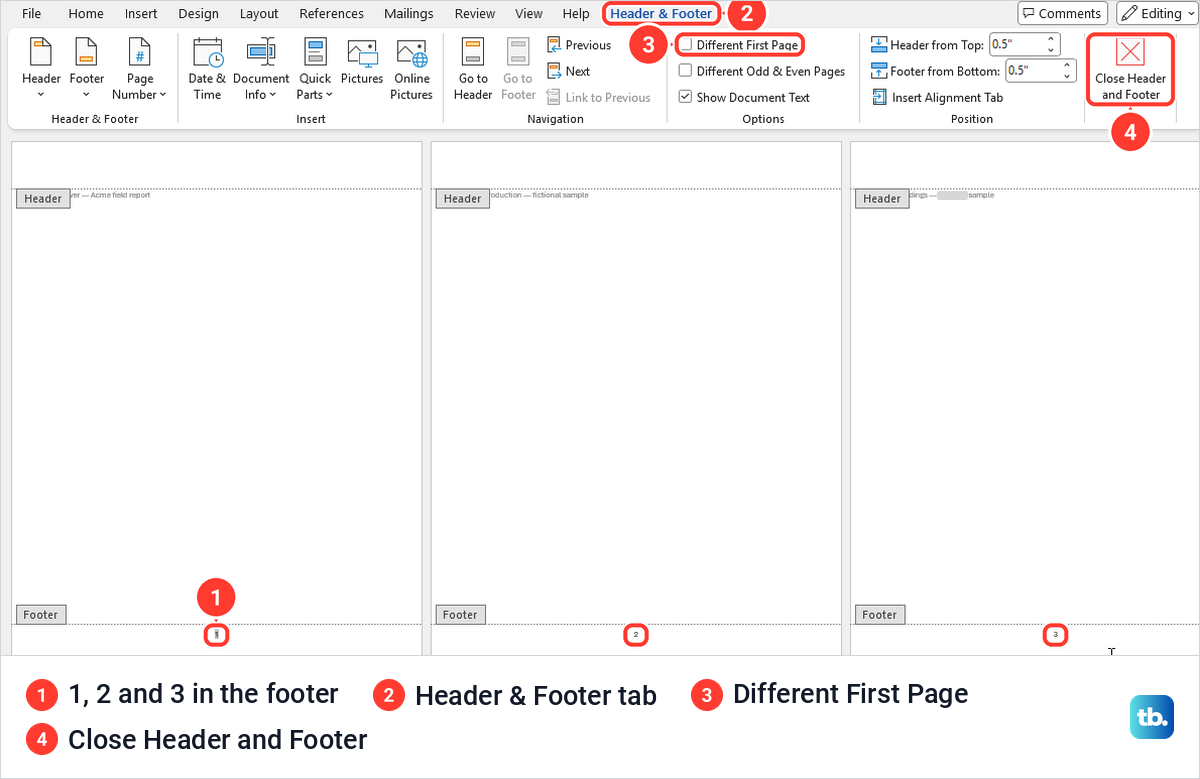 Word footer open for editing with page numbers 1, 2 and 3 on three pages.