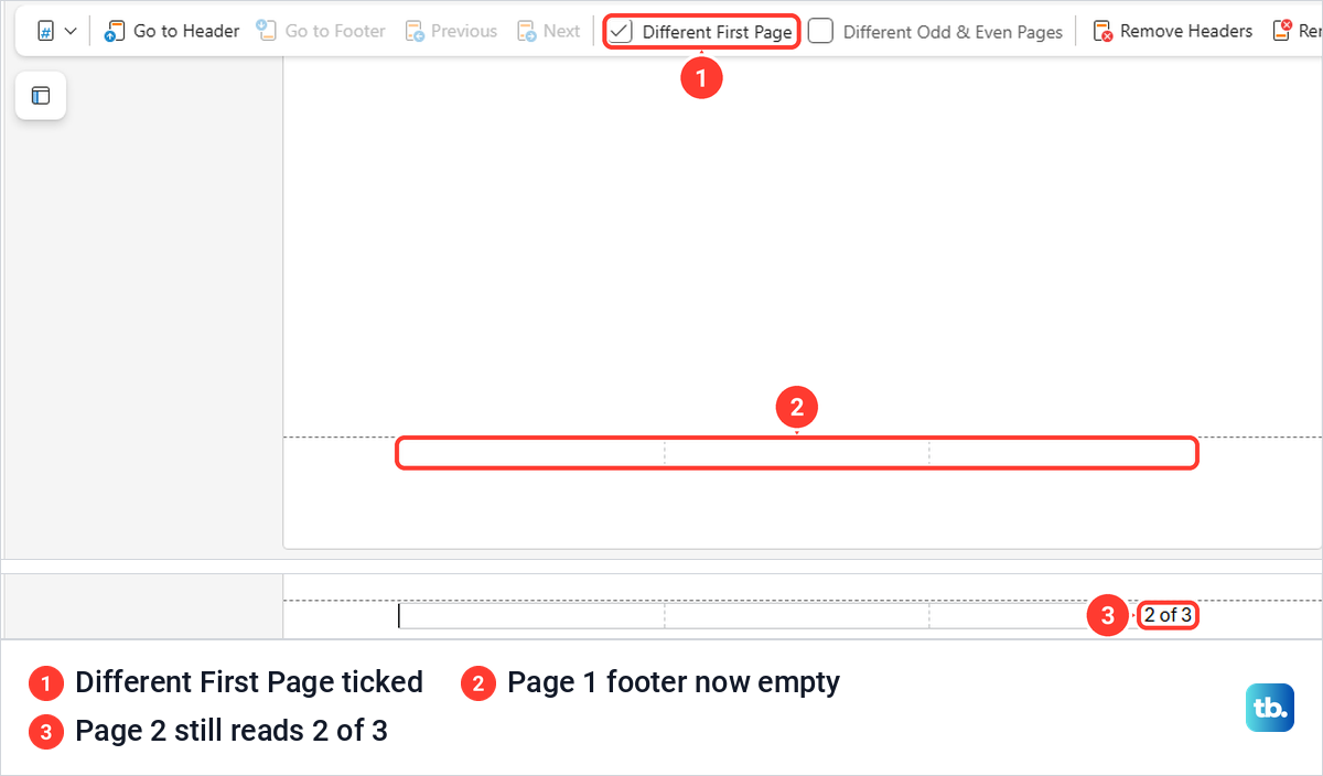 Word for the web with Different First Page ticked, an empty page 1 footer and 2 of 3 below.