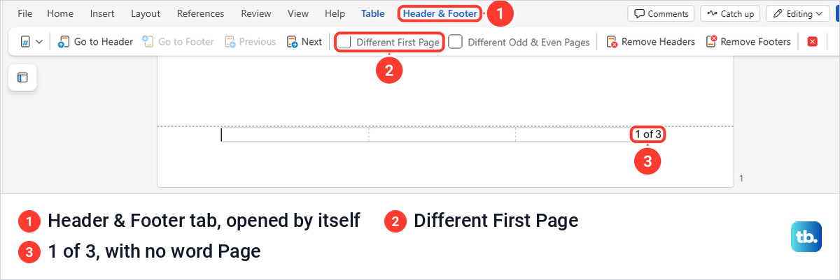 Word for the web footer reading 1 of 3 with the Header and Footer tab open.