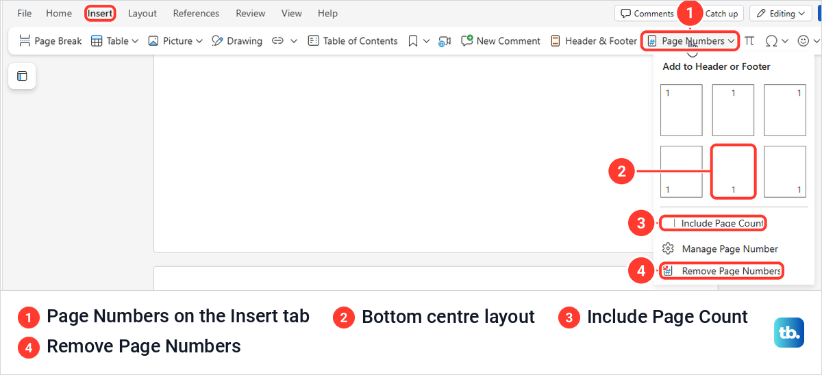 Word for the web Insert tab with the Page Numbers gallery of six layouts open.