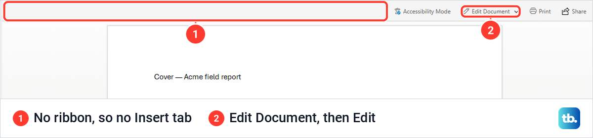 Word for the web in Viewing mode with no ribbon and an Edit Document button.