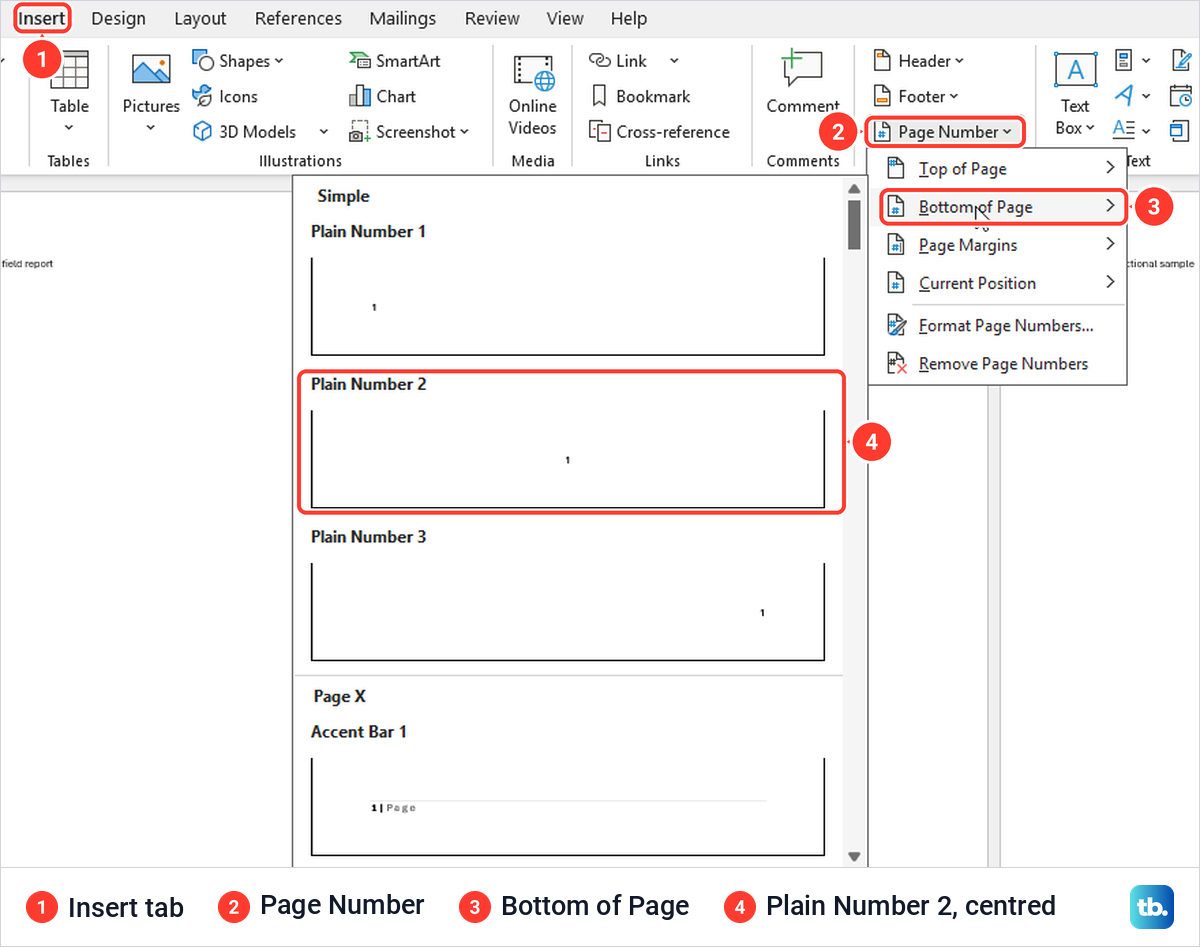 Word Insert tab with the Page Number menu open on the Bottom of Page gallery.