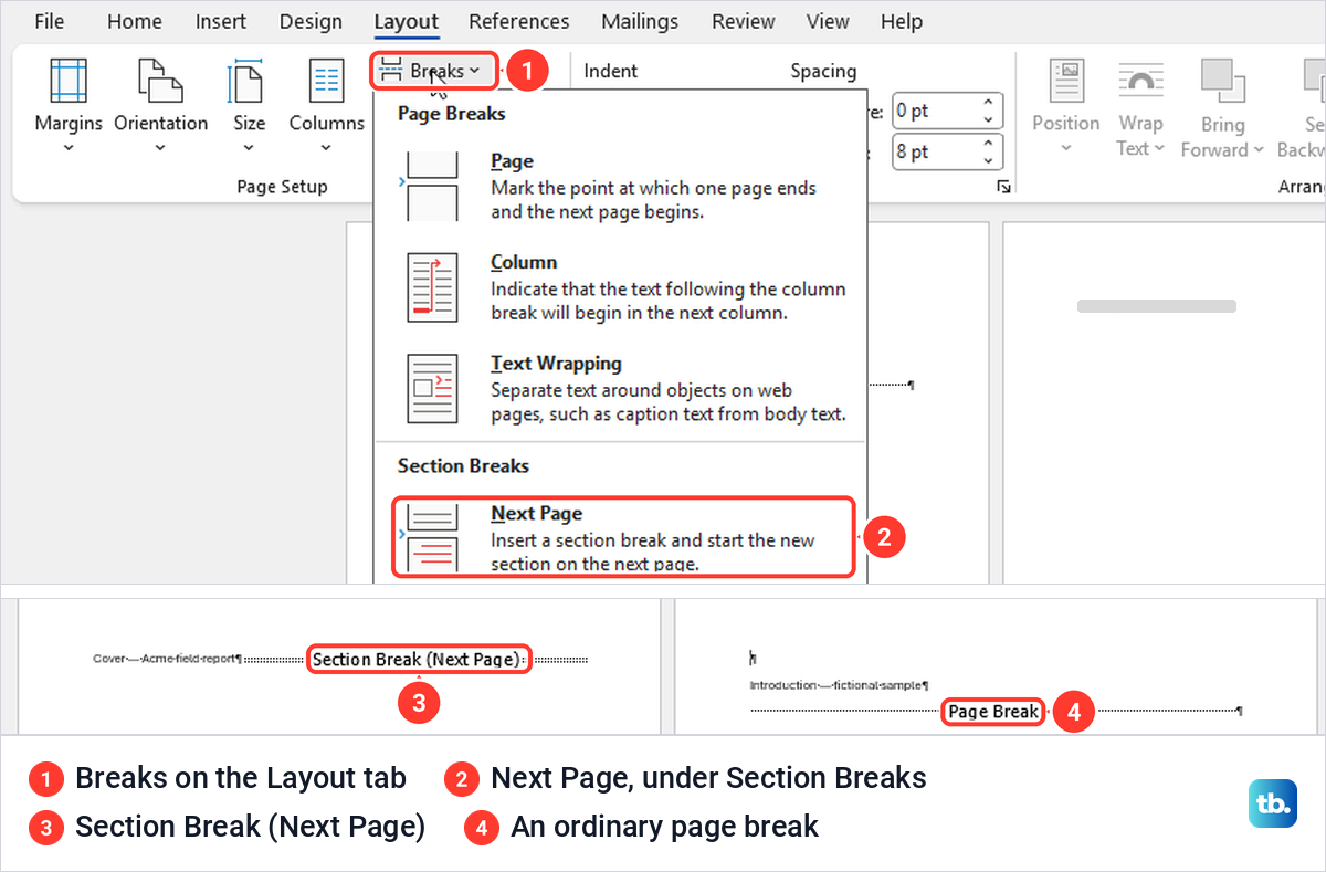 Word Layout Breaks menu with Next Page highlighted, and the Section Break (Next Page) mark.