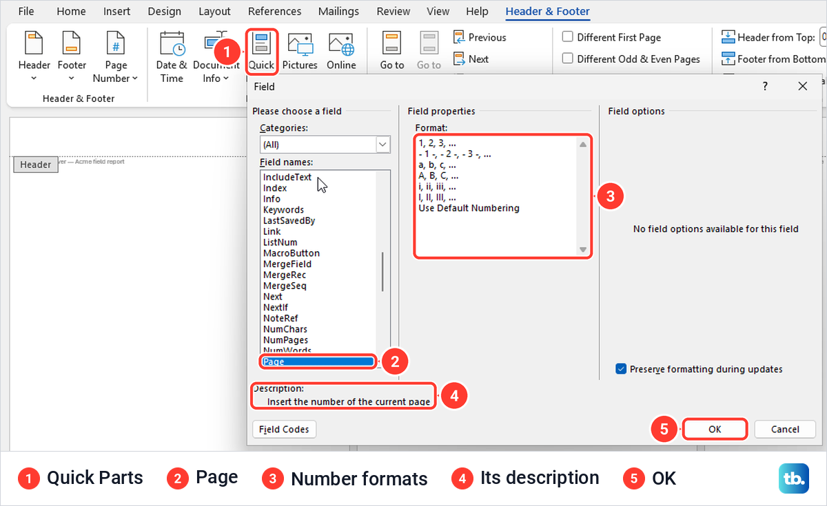 Word Field dialog with the Page field selected and its number formats listed.