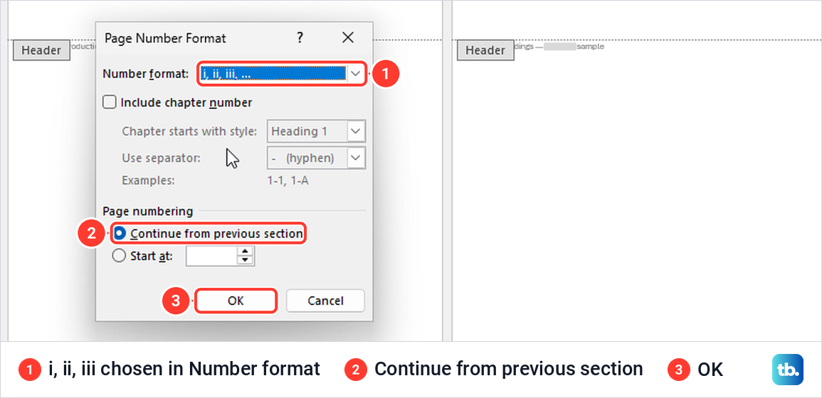 Word Page Number Format dialog with i, ii, iii chosen as the number format.