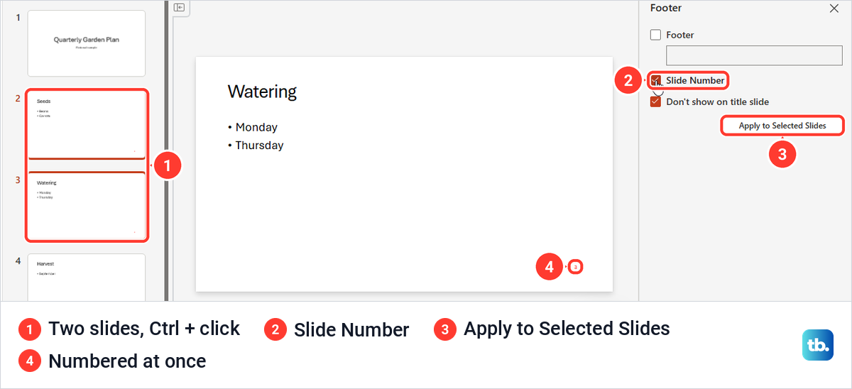 PowerPoint for the web with two thumbnails selected and the Apply to Selected Slides button.