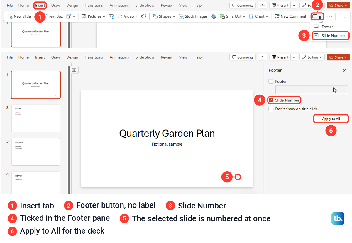 PowerPoint for the web Insert tab with the Footer menu open, then the Footer pane with Slide Number ticked.