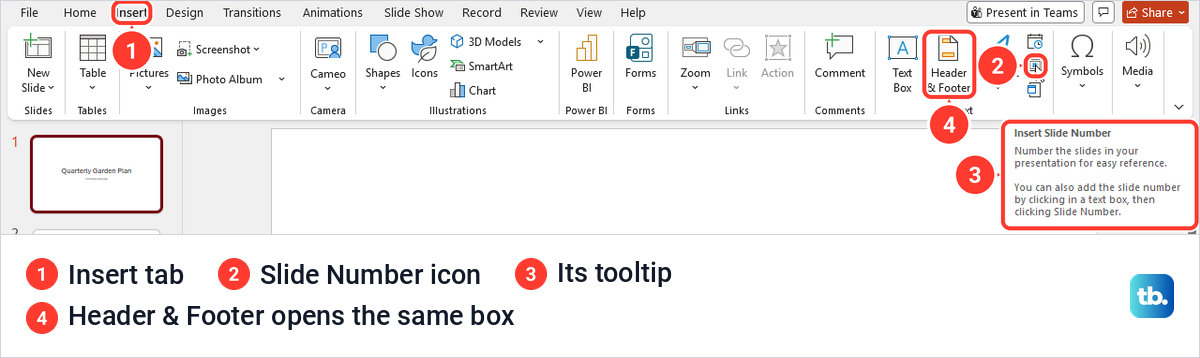 PowerPoint Insert tab with the small Slide Number icon and its Insert Slide Number tooltip.