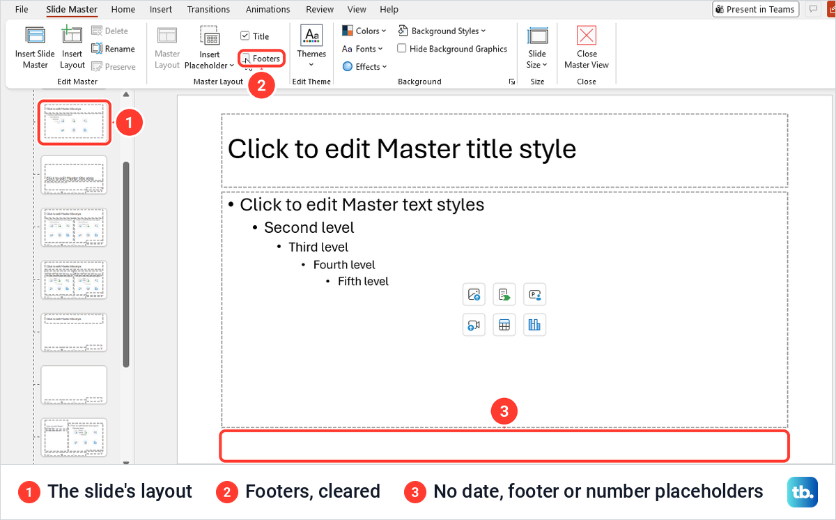 PowerPoint Slide Master view with Footers cleared on a layout and its footer placeholders gone.