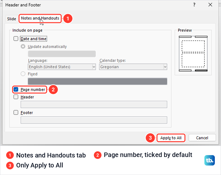 PowerPoint Notes and Handouts tab with Page number ticked and only an Apply to All button.