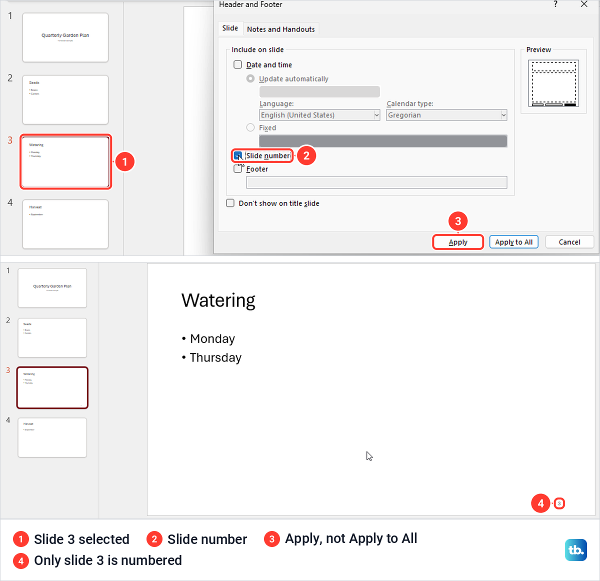 PowerPoint Header and Footer box with slide 3 selected and Apply highlighted, then slide 3 numbered.