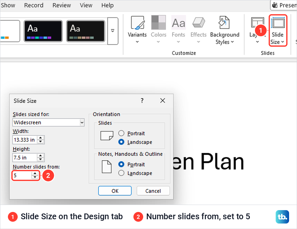 PowerPoint Slide Size button on the Design tab and the Slide Size box with Number slides from set to 5.