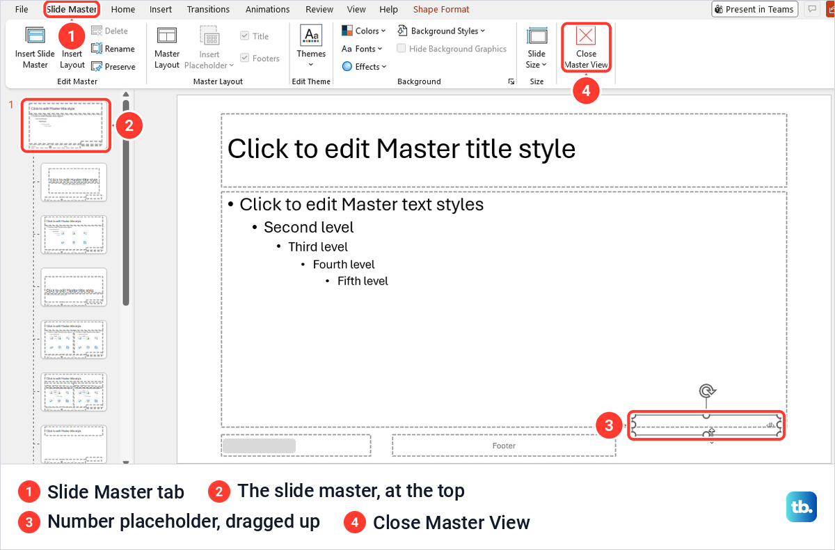 PowerPoint Slide Master view with the number placeholder on the top master dragged higher.