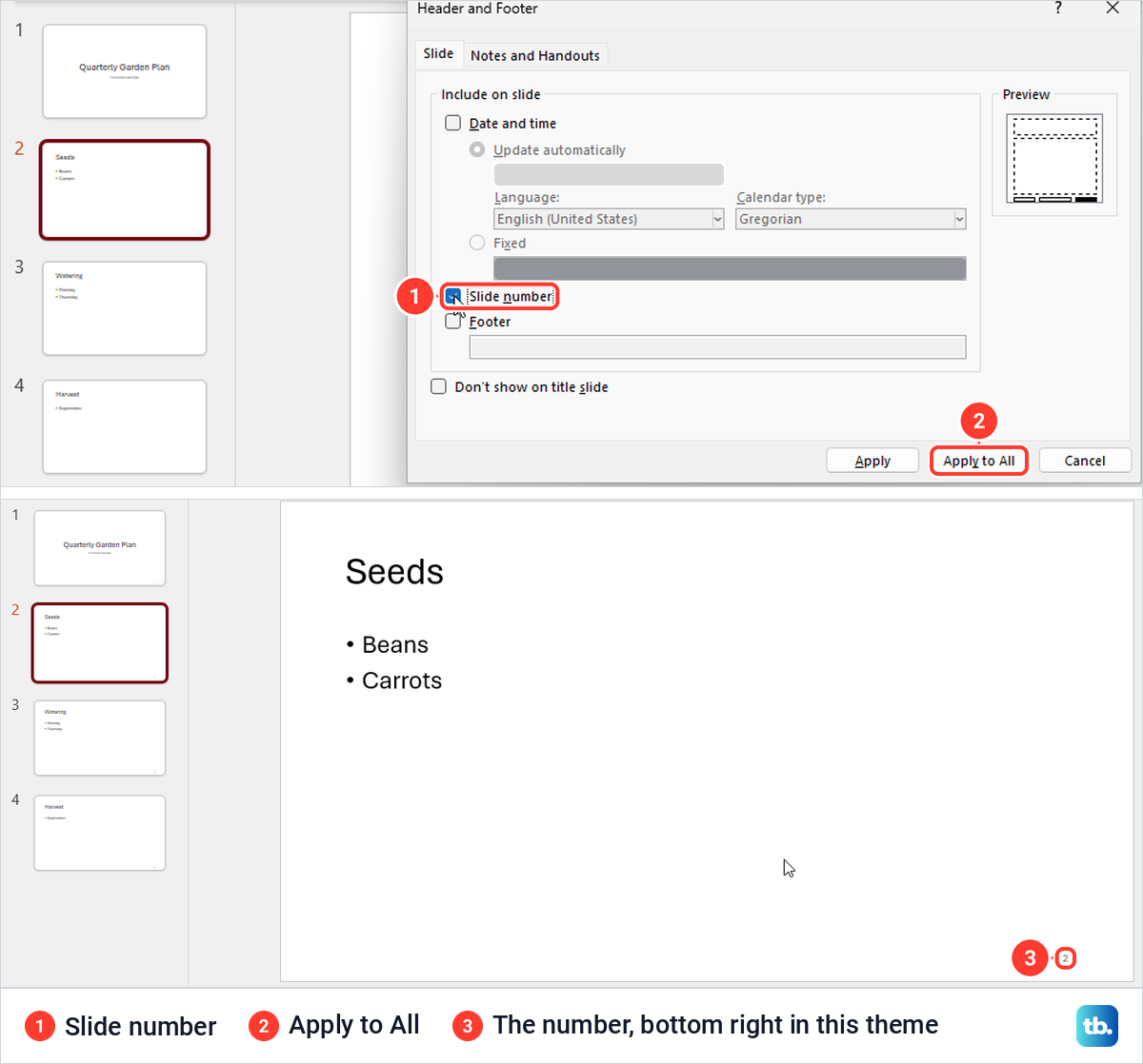 PowerPoint Header and Footer box with Slide number ticked, then a slide numbered 2 at the bottom right.