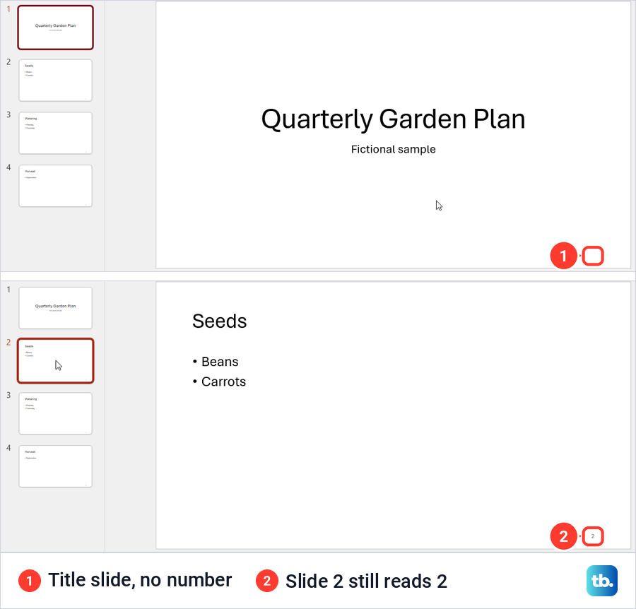 PowerPoint title slide with no number above a second slide that still shows the number 2.