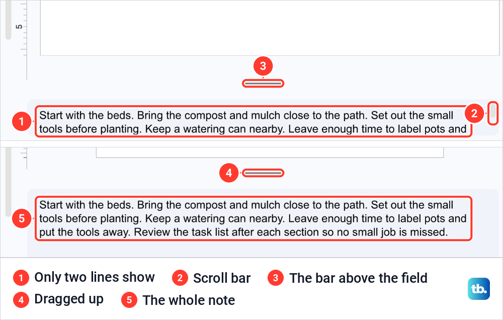 Two views of the speaker notes field, first cut to two lines with a scroll bar, then dragged taller to show the whole note.