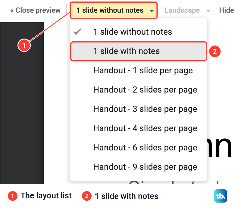 The Google Slides print layout list open with 1 slide with notes highlighted under 1 slide without notes.