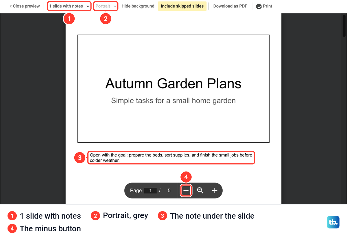 Google Slides print preview of a portrait page with the title slide in a frame and its speaker note printed below.