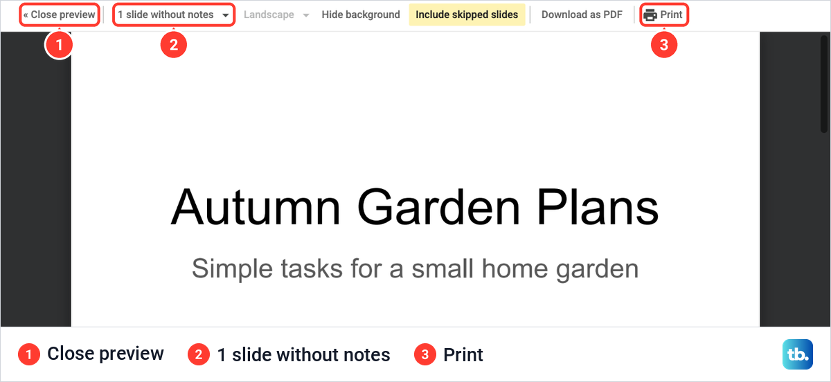Google Slides print preview toolbar with Close preview, the 1 slide without notes layout list and Print.