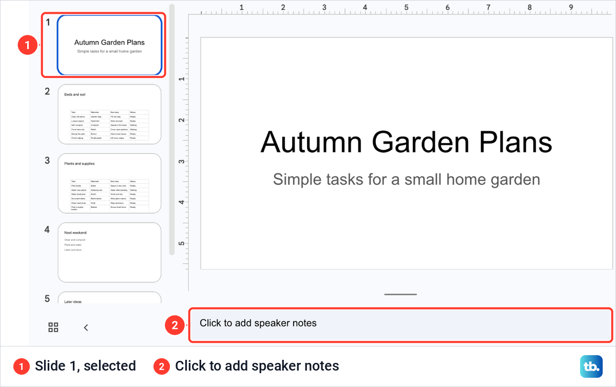 Google Slides editor with slide 1 selected and the empty field under the slide reading Click to add speaker notes.