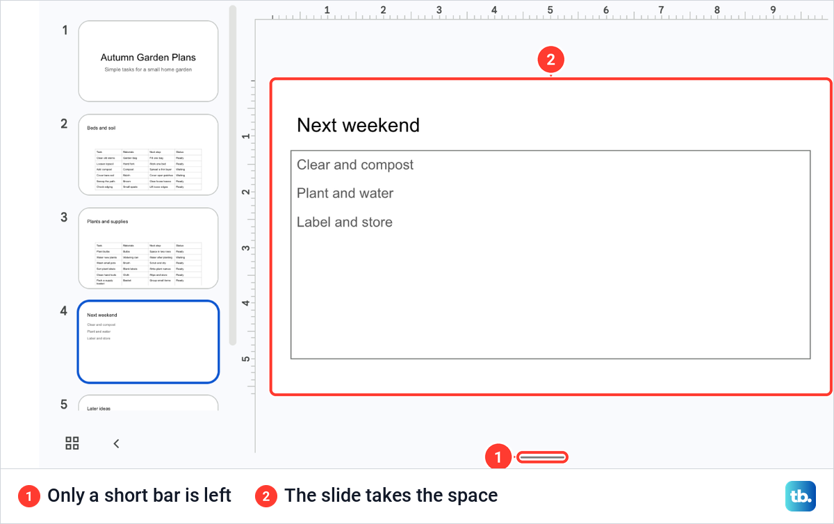 Google Slides with Show speaker notes unticked, the notes field gone and the slide filling the space.