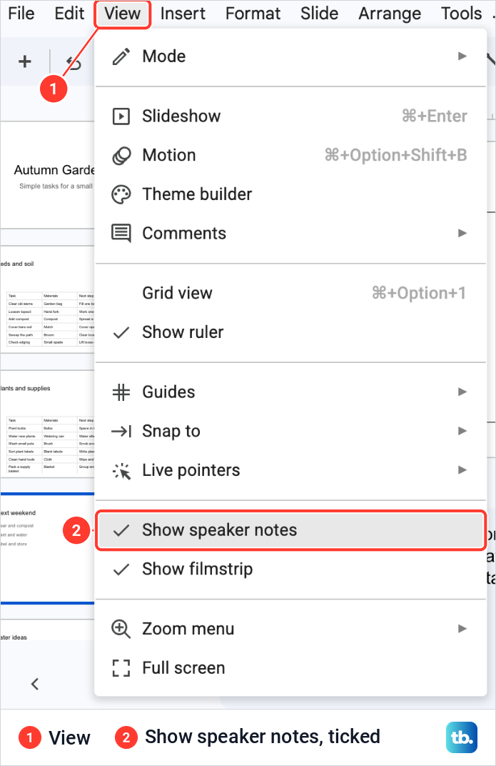 The Google Slides View menu open with Show speaker notes ticked just above Show filmstrip.