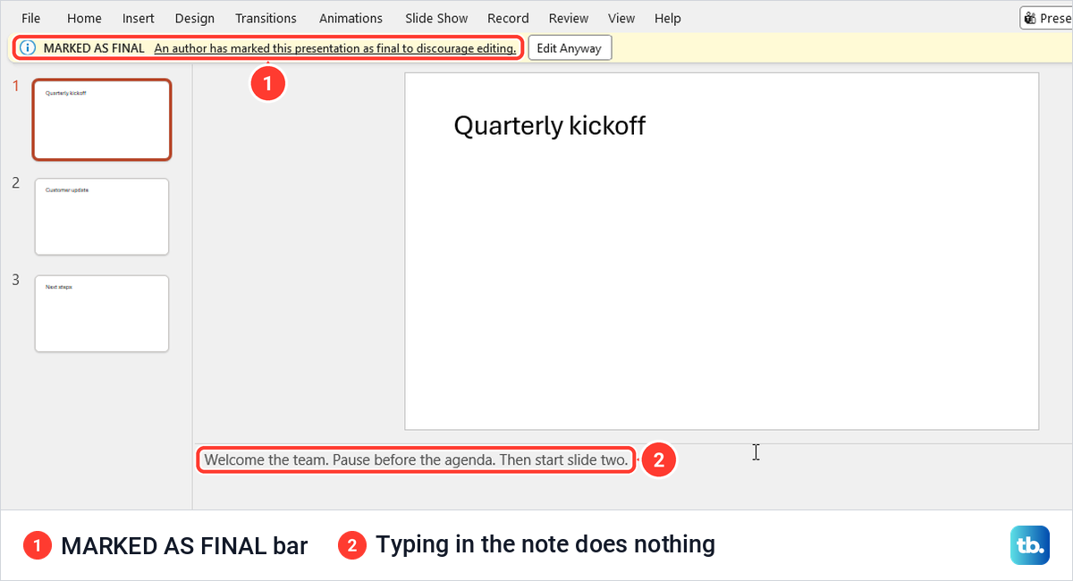 PowerPoint Marked as Final bar above a speaker note that cannot be edited.
