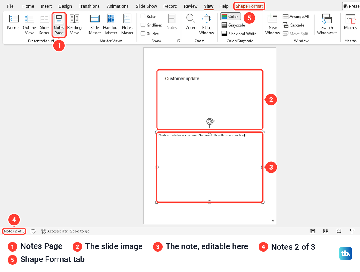 PowerPoint Notes Page view with the slide image above a selected, editable note box.