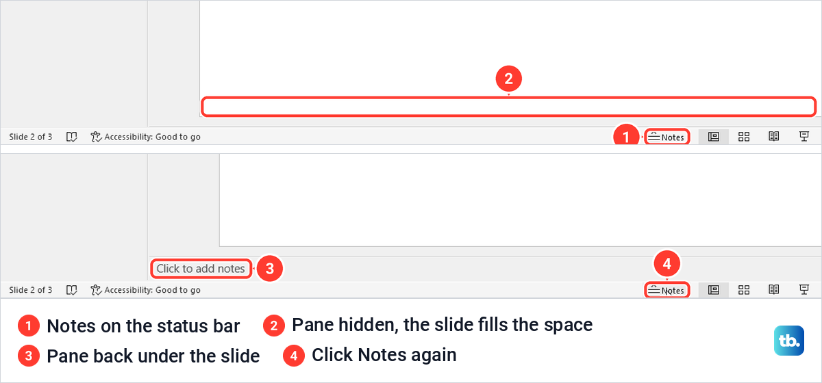Two PowerPoint status bars showing the Notes pane hidden, then shown again after clicking Notes.
