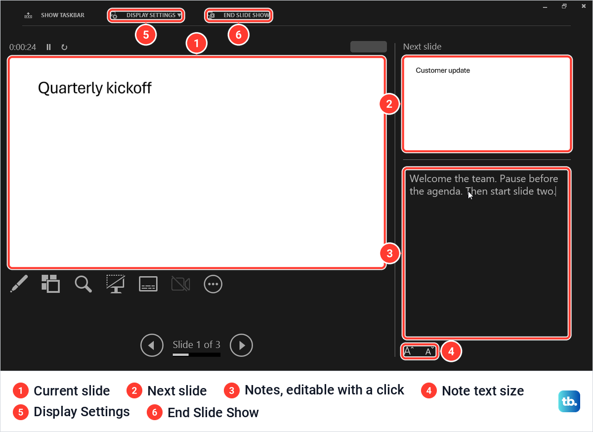 PowerPoint Presenter View on one screen with the current slide, next slide and editable speaker notes.