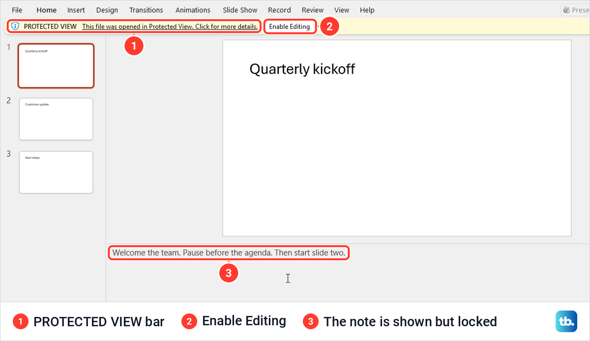 PowerPoint Protected View bar with the Enable Editing button above a locked speaker note.