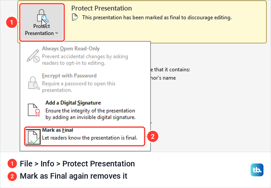 PowerPoint Info page with the Protect Presentation menu open and Mark as Final highlighted.
