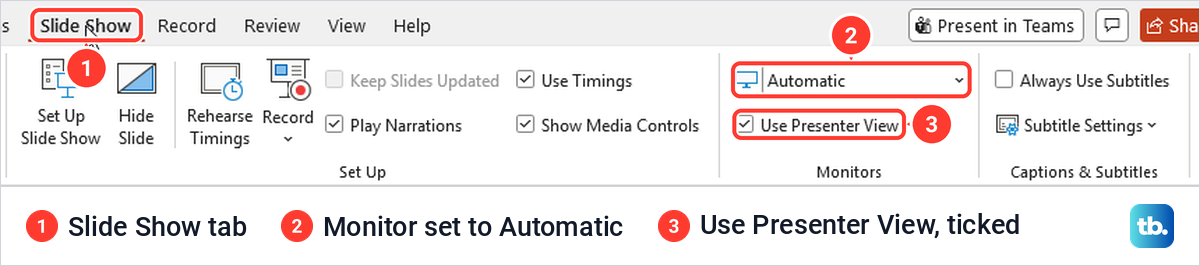 PowerPoint Slide Show tab with the Monitors group set to Automatic and Use Presenter View ticked.