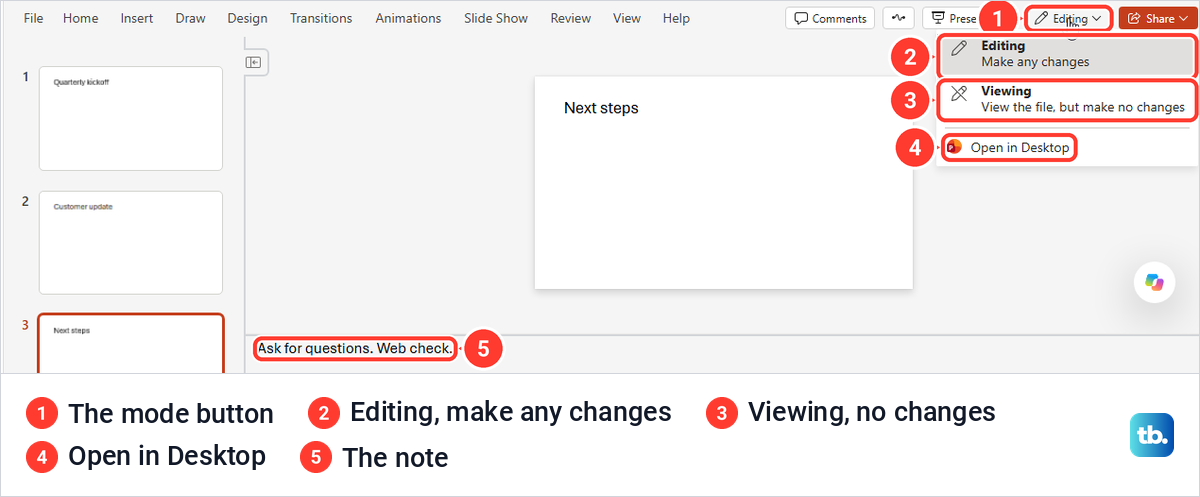 PowerPoint for the web mode menu offering Editing, Viewing and Open in Desktop above a note.