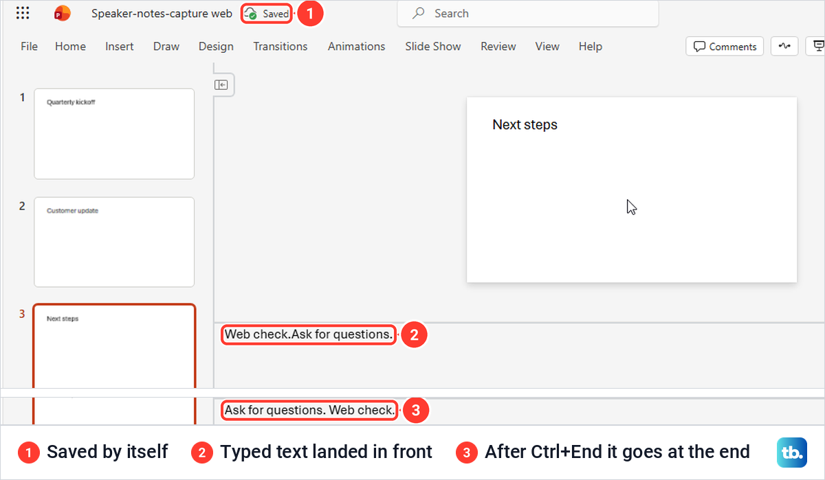 PowerPoint for the web Notes pane where typed text landed in front of the existing note.