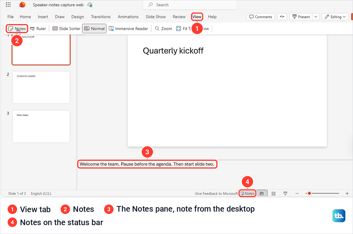 PowerPoint for the web with the View tab open and the Notes pane showing a note under the slide.