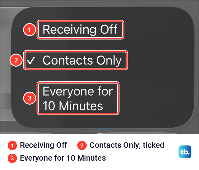 AirDrop menu in iPhone Control Center with Receiving Off, Contacts Only and Everyone for 10 Minutes