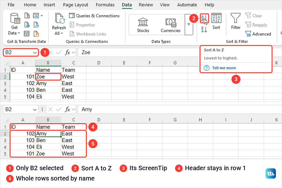 Excel Data tab Sort A to Z button with one Name cell selected, then the list sorted by name.