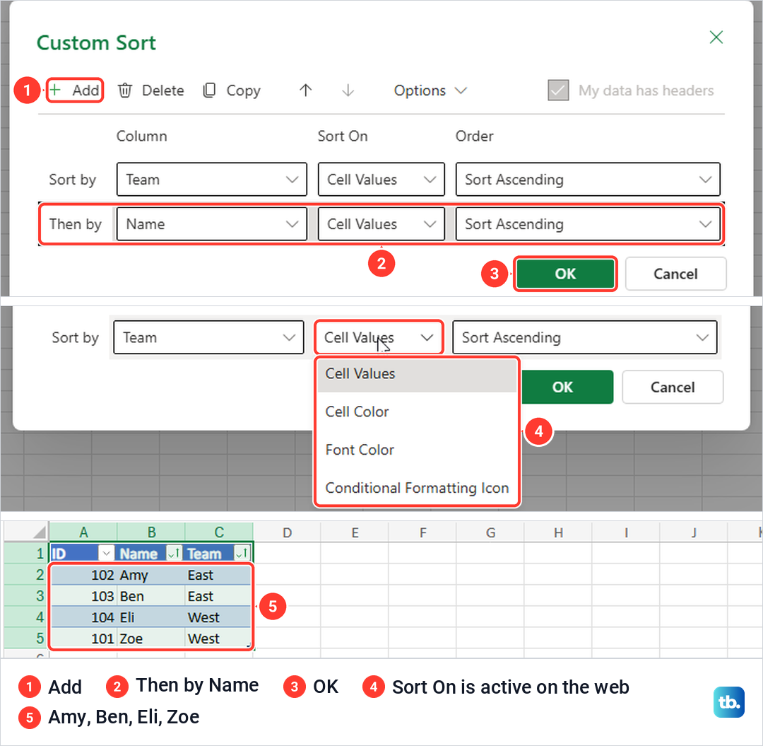 Excel for the web Custom Sort dialog with Team then Name and an active Sort On menu.